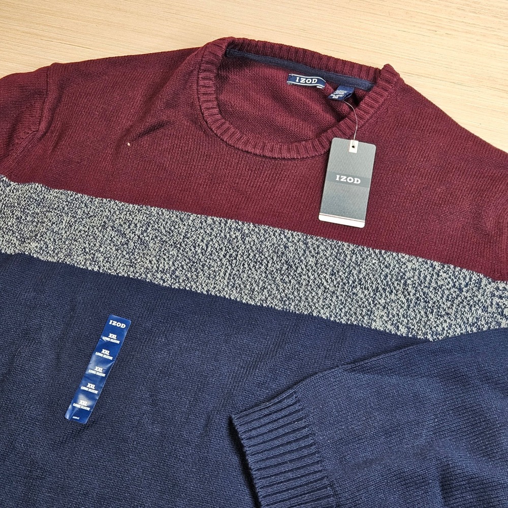 IZOD Colorblock Crewneck Sweater Men 2XL Blue Long Sleeve Preppy Fall NEW